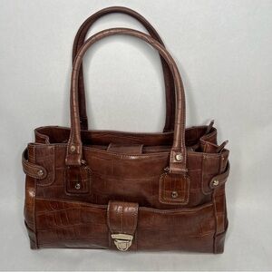 Vintage Liz Claiborne Faux Croc Patent Brown Handbag Shoulder Purse Gold Satchel